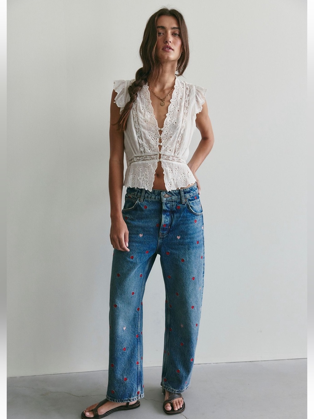 Free People Blue Denim Wide Leg Jeans with Red Heart Embroidery